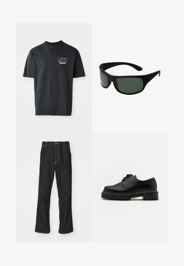 Svart bomull t-skjorte med korte ermer, rund hals og hvit grafisk tekst som leser "OBEY" og "movement" på brystet.; Svarte denimbukser med løs passform, med kontrastfylt hvit søm, knappelukking og rett ben-design.; Svart lær snøresko med rund tå, teksturert gummisåle og gul søm rundt bunnen. Flat design og glatt overflate.; Sorte innpakningssolbriller med mørk grønne linser. Matt finish, buet design, med rette armer og diskret merkevare på siden.