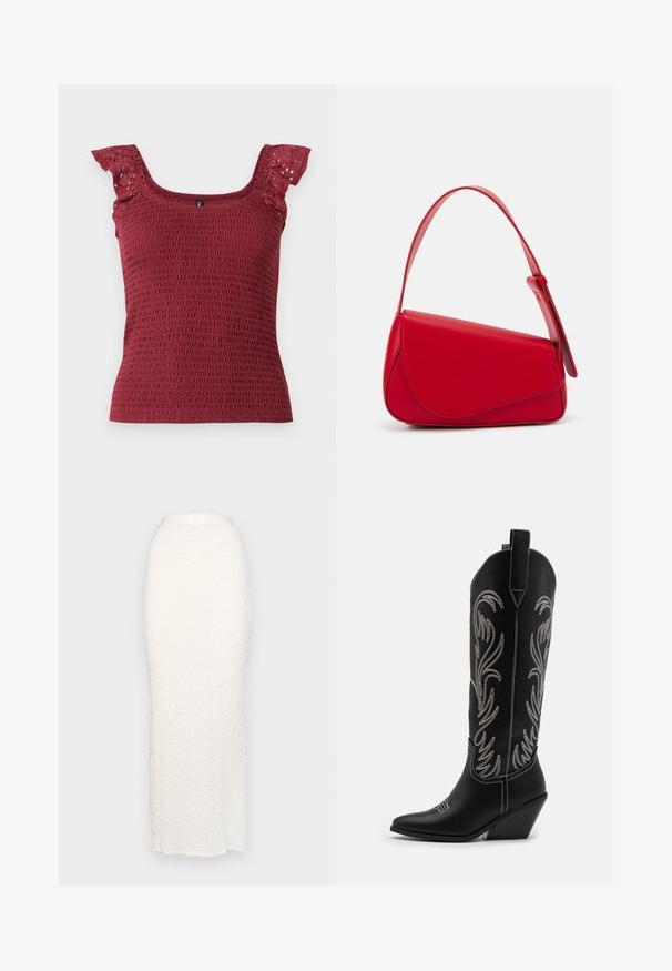 Burgundy, smocked tank top featuring a square neckline and delicate ruffled sleeves with eyelet cutouts. Soft, textured fabric.; Gina Tricot STRUCTURE MAXI SKIRT - Maxi skirt - white; Black leather cowboy boots with pointed toes, wedge heels, and silver embroidered floral patterns along the shaft. Contrast stitching throughout.; Red leather handbag with an angular, geometric design. Features a single adjustable strap and a flap closure with stitched detailing.