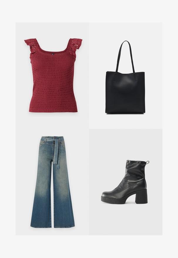 Débardeur bordeaux smocké avec un col carré et de délicates manches froncées avec découpes en œillets. Tissu doux et texturé.; Pantalons en denim à jambe large présentant un dégradé de bleu clair à bleu foncé, taille haute, passants de ceinture et une ceinture en tissu assortie. Finition en denim texturé.; Bottes noires à la cheville en cuir lisse, dotées d'une fermeture éclair sur le côté, d'un talon épais texturé et d'une conception à bout rond.; Sac fourre-tout en cuir noir avec une texture lisse, de forme rectangulaire et deux longues poignées. Pas de matériel ou d'ornementations visibles.