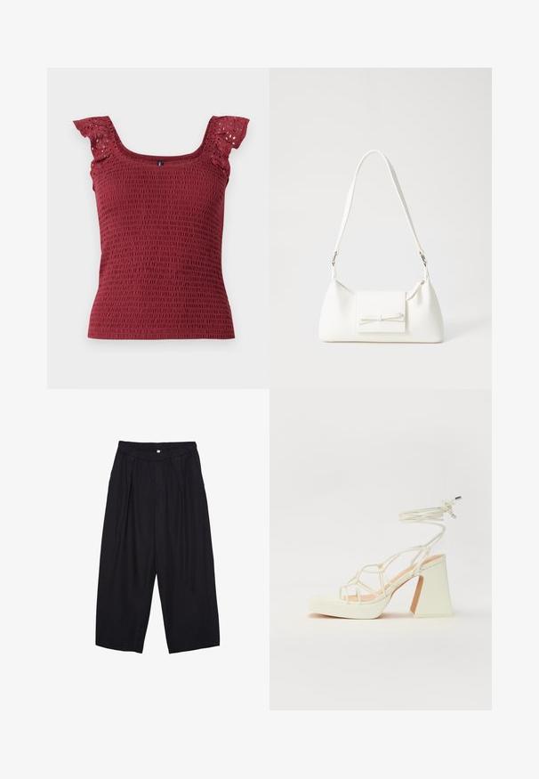 Bordo, smockani top s kvadratnim izrezom i delikatnim volančićima s izrezanim detaljima. Mekana, teksturirana tkanina.; Crne poliester hlače culotte s elastičnim pojasom, dva prednja nabora i širokim krojem. Nema vidljivih uzoraka ili metalnih detalja.; Bijela sandala na visokoj potpetici s debelim petom, s remenom i vezanjem oko gležnja. Glatka tekstura s platformom sprijeda za dodatnu visinu.; Bijela sintetička torbica s trokutastim oblikom, ravnim prednjim poklopcem i detaljem u obliku mašne, podesivom remenom, glatkom teksturom i minimalističkim dizajnom.