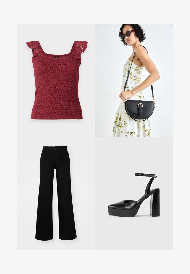 Débardeur bordeaux smocké avec un col carré et de délicates manches froncées avec découpes en œillets. Tissu doux et texturé.; Pantalons large en denim noir, dotés d'une taille structurée, de passants de ceinture et de poches avant. Texture lisse avec un design classique.; Escarpins noirs à plateforme avec un bout pointu et une sangle réglable à la cheville. Conçus en cuir lisse, avec un large talon bloc.; Sac à main en cuir noir avec une forme courbée, bandoulière amovible et des accessoires en or. Le sac est doté d'un rabat avec un détail de boucle.