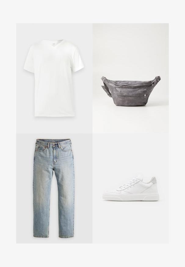 Valge puuvillane lühikeste varrukatega T-särk V-kaelusega, millel on lõdva lõikega ja sile, pehme tekstuur. Mustreid ega aktsente pole.; Heledad hele sinine teksapükste kõrge vöökoht, ees nupuga, lukuga ja viie taskuga disain, asetatud tasasele neutraalsele taustale.; Valged nahast spordijalatsid siledast nahast viimistlusega, ümarate varvastega, lamekestega ja tekstuuriga tallaga. Hall suede aktsent kanna juures.; Hallikate nahast vöö kott, millel on ümar kuju, kaks tõmblukuga taskut ning reguleeritav rihm. Varustatud metallist detailide aktsentidega.