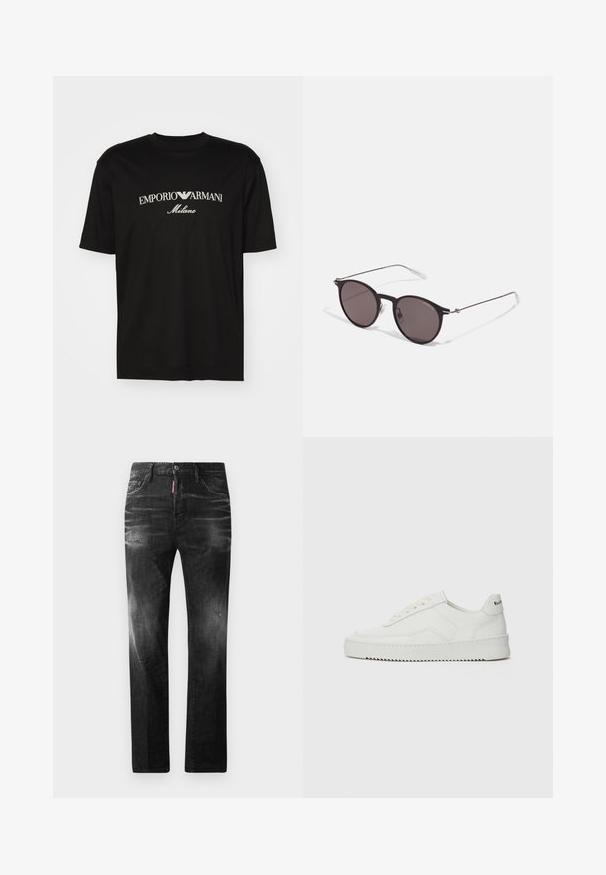 T-shirt de algodão preta com gola redonda, mangas curtas e o logo "EMPORIO ARMANI" em branco acima de "Milano" num design curvo.; Jeans de denim preto com um corte reto. Apresentam áreas desbotadas, ligeira degradação, design clássico de cinco bolsos e um fecho de botão.; Sapatilha de couro branco com acabamento suave, bico redondo, atacadores planos e uma sola texturizada. Apresenta um logotipo discreto no calcanhar.; Óculos de sol redondos pretos com lentes escuras e hastes metálicas finas. Inclui pontas de templo transparentes e detalhes em prata na dobradiça. Design minimalista.