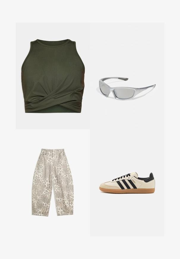 Tmavozelený športový top s ramienkami vyrobený z elastickej látky. Má okrúhly výstrih a na spodnom leme je z gathered detail.; Nohavice s leopardím vzorom v svetlo béžovej farbe s vysokým pásom, širokými nohami a dvoma prednými vreckami. Vyrobené z hladkej tkaniny.; Béžová športová obuv s čiernymi pruhmi, gumovou podošvou a čiernymi akcentami. Má hladký kožený zvršok a zaoblený dizajn prstov.; Sivé slnečné okuliare so štíhlým, ľahkým plastovým rámom. Obsahujú tónované sivé šošovky a textúrované bočné detaily pre lepšiu priľnavosť.; Čierna a strieborná taška adidas s hladkým povrchom, s lesklým nitovaným vzorom a výrazným zakriveným dizajnom.