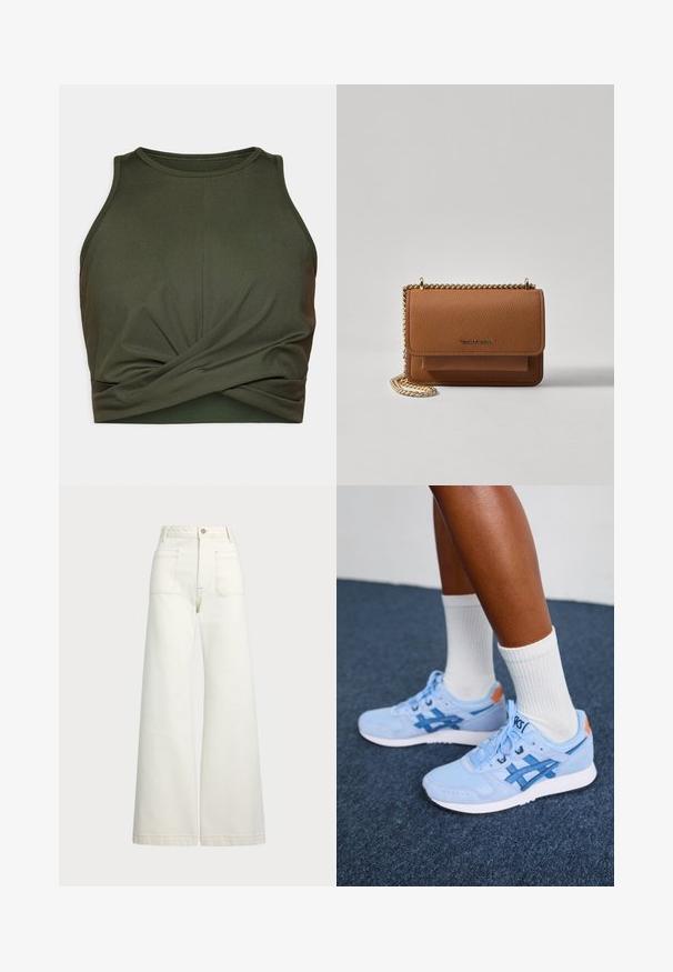 Tamsiai žalia sportinė sanslė su elastingu audiniu. Sukurta su apvalia iškirpte ir raukšlėta detale apdailėje.; Plati kojinės džinsai of white denimo. Aukštas liemuo, su mygtuko uždarymu, dviem priekinėmis kišenėmis ir kontrastingai siuvinėjimu.; Kojos, vilkinčios šviesiai mėlynus Asics sportbačius su baltais pado ir baltomis kojinėmis, stovi ant tamsaus kiliminio paviršiaus.; Ruda tekstūruota odinė per petį nešama rankinė su auksiniu grandininiu dirželiu ir užlenkiamo užsegimo. Priekinėje pusėje yra logotipo detalė ir kišenė po užlenkimu.