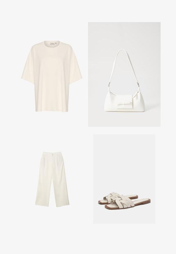Prevelika kremna majica iz mehkega materiala, s kropom izrezom in kratkimi rokavi. Diskretna embosirana podrobnost logotipa na sprednji strani.; Hlače širokih nogavic iz kremaste tkanine z gladko teksturo, z enim sprednjim gumbom, diskretnimi plisami in visokim pasom.; Svetlo bež natikače s tkanimi trakovi, z ravnim podplatom in minimalističnim dizajnom. Gladka tekstura z diskretnimi barvnimi kontrasti.; Bela sintetična torbica v obliki trikotnika, z ravnim sprednjim poklopcem in detajlom mašne, nastavljivim trakom, gladko teksturo in minimalističnim dizajnom.