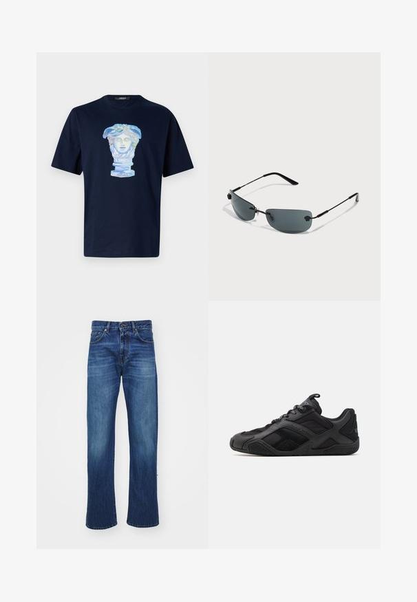 Tums zila kokvilnas T-krekls ar grafisku apdruku, attēlojot klasisku krūšutēlu pasteļa krāsās, izceļot sarežģītas detaļas un brīvu piegriezumu.; Zilās džinsu bikses ar taisnu kāju dizainu, kas ietver priekšējās kabatas, jostu cilpas un vieglu nodilumu gar augšstilbiem. Izturīga auduma tekstūra.; Melni sporta apavi ar gludu un teksturētu materiālu maisījumu, ar izteiktu dizainu, veidotu zoli un izteiktām zīmola detaļām.; Saulesbrilles ar elegantu melnu metāla rāmi, tumšiem stikliem, minimālisma dizainu un regulējamiem deguna balstiem ērtībai.