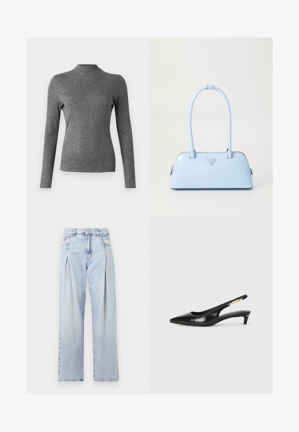 Grå langermet polo genser laget av myk, elastisk stoff med en tettsittende design og jevn tekstur. Ingen synlige mønstre eller detaljer.; Lyseblå denimjeans med høy livlinje, vide ben, to sidelommer og plisserte detaljer. Myk tekstur med en falmet finish.; Sorte lærreim hæler med spiss tå, som har en slank hæl og en gullfarget detalj på den justerbare stroppen. Glatt tekstur.; Lyseblå veske med strukturert form, glatt skinnmateriale, to håndtak og en trekantet merkevarelogo på fronten. Glidelås-lukking.