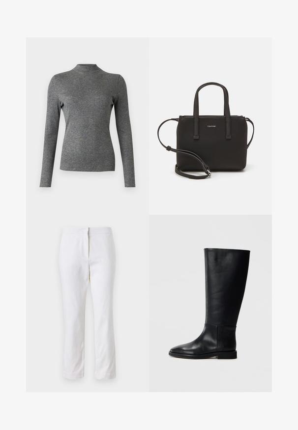 Pilkas ilgomis rankovėmis aukštas megztinis, pagamintas iš minkštos, elastingos medžiagos, su prigludusia konstrukcija ir lygiu paviršiumi. Nėra matomų raštų ar akcentų.; Balti medvilniniai kelnių su tiesiu kojų dizainu, turintys vidutinį liemenį ir be matomų detalių ar raštų. Lygi tekstūra visame paviršiuje.; Juodos odinės kelio ilgio boot'ai su apvaliu pirštu, lygia tekstūra, minimalistiniu dizainu ir plokščiu padu. Paprasti siuvinėjimo detalės ant šonu.; Juoda rankinė su dviem trumpais rankenėlėmis ir nuimamu petį. Lygaus odos tipo medžiaga su užtrauktuku ir logotipo detale.