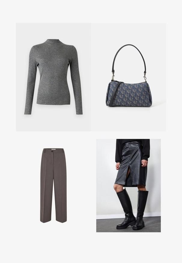 Pelēks garām piedurknēm turtleneck krekls, kas izgatavots no mīksta, elastīga auduma ar pieguļošu dizainu un gludu tekstūru. Nav redzamu rakstu vai akcentu.; Plati kāju, augsta vidukļa brūni bikses ar priekšējiem krokām, jostas cilpām, pogu aizdari un gludu auduma struktūru.; Melnas ādas zīmuli svārki ar priekšējo šķēlumu, apvienoti ar augstiem melniem zābakiem ar rāvējslēdzējiem un masīlu zoli papildu augstumam.; Zila ar rakstu somiņa, kas izgatavota no auduma, ar izliekta formu, melnu ādas siksnu un logotipa dizainu gaišākā tonī.