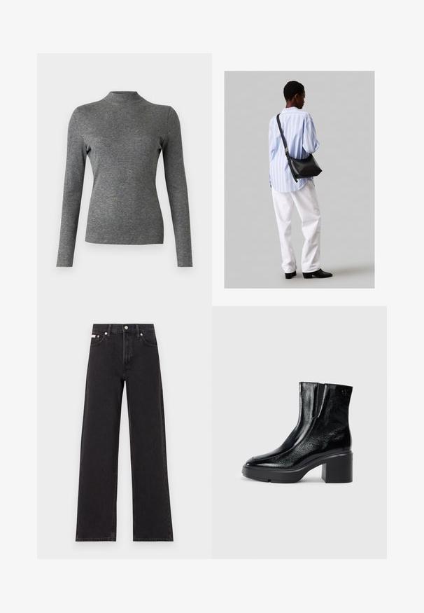 Szürke, hosszú ujjú garbó póló, puha, rugalmas anyagból, testhezálló fazonban és sima felülettel. Nincsenek látható minták vagy díszítések.; Fekete, bőszárú farmernadrág, magas derekú, öt zsebes kialakítással és fém gombos záródással, kontrasztos varrással.; Fekete lakkbőr bokacsizma ívelt orral, elasztikus oldalpanelek és vastag blokk sarkal. A hátsó részen dombornyomott logó található.; Fekete bőr válltáska puha tapintással, háromszög alakú, állítható pánttal, világoskék csíkos inggel és fehér nadrággal párosítva.