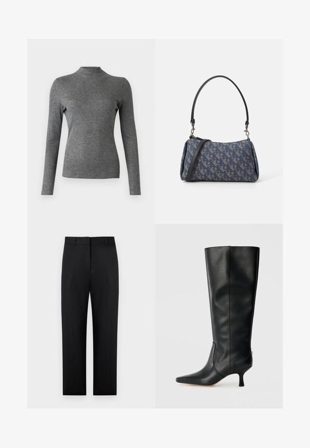 Maglietta a maniche lunghe grigia con collo alto realizzata in un tessuto morbido ed elastico, dal design aderente e dalla texture liscia. Nessun motivo o dettaglio visibile.; Pantaloni neri su misura realizzati in tessuto liscio con taglio dritto, dotati di parte anteriore piatta, chiusura lampo e passanti per cintura. Nessun motivo visibile.; Stivale alto in pelle nera con punta affusolata, design elegante e tacco a cono di 3 pollici. Caratterizzato da un accento dorato sul retro.; Borsa a tracolla blu con motivo, realizzata in tessuto, caratterizzata da una forma curva, una tracolla in pelle nera e un logo in una tonalità più chiara.