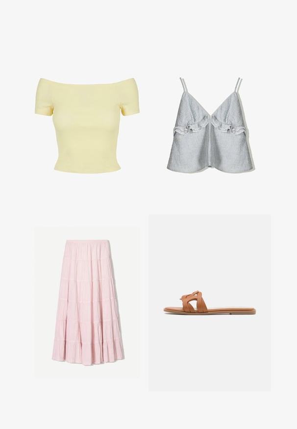 Off-the-shoulder, kortärmad topp i mjuk, ribbad gul tyg; åtsittande design med rak nederkant och minimala sömmar.; Randigt tygtop i blått och vitt, med volangdetaljer längs framsidan och tunna axelband, samt en V-ringning.; Ljusrosa, vågad maxiklänning gjord av ett texturerat, lätt material. Elastisk midja och flytande fåll med volangdetaljer.; Läder sandaler i brunt med korskorsade remmar, platt sula och minimalistisk design. Slät yta utan synliga mönster eller detaljer.