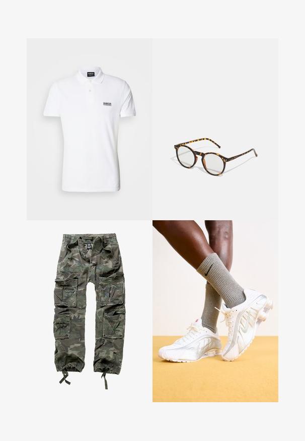 Bílá polokošile z bavlny, s klasickým límečkem, dvěma knoflíky a malým černým logem "Barbour International" na hrudi.; Kamuflážové cargo kalhoty vyrobené z bavlny, s několika kapsami, elastickými manžetami a volným střihem s šňůrkou v pase.; Bílé tenisky Nike se stříbrnými akcenty, s texturovanými panely a perforacemi. V kombinaci se šedými žebrovanými ponožkami, na žlutém pozadí.; Kulaté sluneční brýle s želvovinovým vzorem a čirými čočkami. Mají silný, lehký rám a štíhlé nožičky.