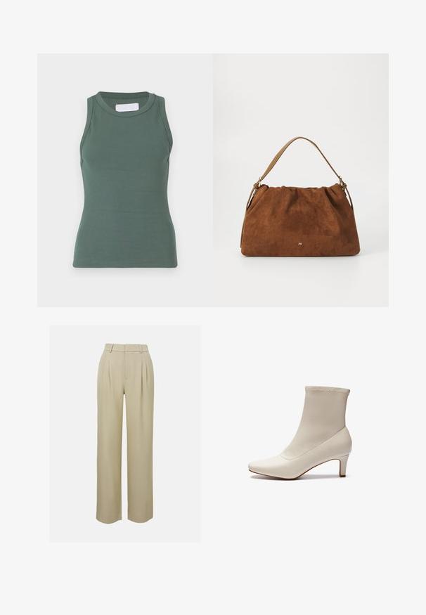 Groen geribd tanktop met een ronde hals en mouwloze uitvoering. Gemaakt van rekbare katoenstof, met een aansluitende pasvorm en een gladde textuur.; Beige wijde broek van gladde stof, voorzien van voorplooien, een op maat gemaakte tailleband en zijzakken. Schoon afgewerkte zoom.; Witte enkelboot gemaakt van glad leer met een spitse neus en een korte, taps toelopende hak. Beschikt over een minimalistisch ontwerp en een naadloos bovenwerk.; Bruine suède handtas met een geplooid ontwerp, voorzien van een enkele tan kleur leren schouderband en een subtiele gouden logo-detail aan de voorkant.