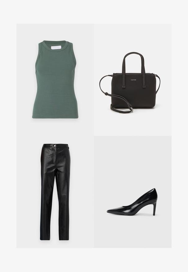 Grön ribbad linne med rund halsringning och ärmlös design. Tillverkad av stretchig bomullsmaterial, med en figurnära passform och slät textur.; Svart fusk-läderbyxor med krokodilmönster, slim fit, rak ben-design, med knappstängning fram och standard midjeband.; Svart läder högklackad sko med spetsig tå, slät yta och avsmalnande klack. Minimalistisk design, inga ytterligare utsmyckningar.; Svart handväska med dubbla korta handtag och ett avtagbart axelband. Slät läderliknande material med dragkedjestängning och logodetalj.
