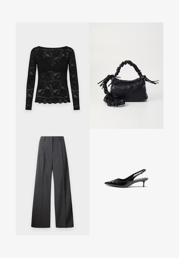 Černý krajkový top s dlouhým rukávem, květinovým vzorem, kulatým výstřihem a vlnitým lemem. Průsvitná textura posiluje jeho elegantní vzhled.; Široké kalhoty z tmavě šedé látky, s vysokým pasem, jedním skladem a hladkou texturou s čistým zakončením na lemech.; Černé kožené lodičky na slingback s špičatou špičkou, malým podpatkem typu kitten a ozdobným uzlem na přední straně. Hladký povrch po celém obvodu.; Černá kabelka z umělé kůže s krokodýlím vzorem, staženým vrškem a zmačkaným popruhem. Zdá se, že má měkký a kompaktní design.