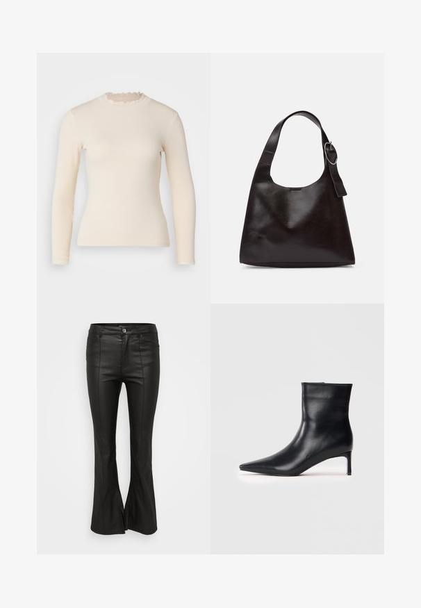Camisola de malha canelada de mangas longas em bege claro, com um decote alto franzido e punhos. Textura suave com uma silhueta ajustada.; Calças flare pretas com uma textura brilhante, semelhante a couro, apresentando bolsos frontais, fecho com botão e fendas laterais na bainha.; Bota de tornozelo em couro preto com bico pontudo, design elegante e um salto fino. Textura suave sem embelezamentos visíveis.; Bolsa de ombro em pele castanha com uma textura suave, forma arredondada, alça larga e um detalhe metálico circular na pega.