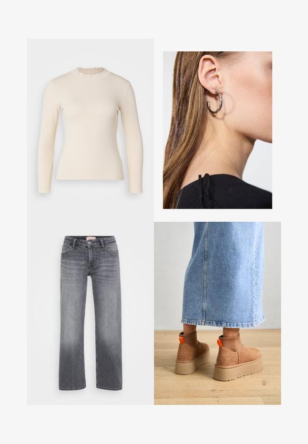 Dolga majica z dolgimi rokavi, rebraste pletenine v off-white barvi, z nabranim visokim izrezom in manšetami. Gladka tekstura s prilegajočim silhuetom.; Sivi traper hlače s ravnim krojem, pet žepov, rahlo zbledelo in z gumbom za zapiranje pri pasu.; Rjave suede platform čizme z elastičnimi stranskimi paneli in oranžnimi zankami, v kombinaciji s svetlobno denim krilom do kolen na lesenem tleh.; Srebrna obročasta uhana s polirano površino, ki vključuje majhne zlate poudarke in okroglo obliko, nošena na ušesnem lobu.