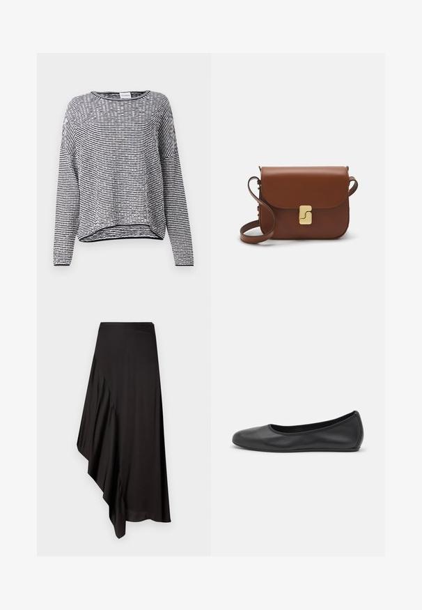 Gestreiftes Langarmoberteil in Schwarz und Weiß, mit Rundhalsausschnitt, lockerer Passform und strukturiertem Stoff mit gerippten Akzenten am Saum.; AERON ASTER SKIRT - Bleistiftrock - black; Schwarze Leder-Ballettschuhe mit abgerundeter Spitze, glatter Textur, minimalen Nähdetails und einem flexiblen Sohlen-Design.; Braune Ledertasche mit Klappenverschluss, Beschlägen in Goldfarbe, einem Schultergurt und einer glatten Oberfläche. Kompakte rechteckige Form.
