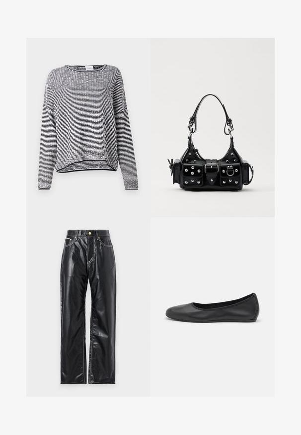 Csíkos, hosszúujjú felső fekete és fehér színben, kerek nyakkal, laza szabással és texturált anyaggal, bordázott részletekkel az alján.; Fekete műbőr nadrág széles lábbetéttel, fehér varrással, elülső zsebekkel és arany gombbal a derekán.; Fekete bőr balettcipő lekerekített orral, sima tekstúrával, minimális varrással és rugalmas talp kialakítással.; Fekete bőr kézitáska ívelt designnal, ezüst szegecsekkel, csattal és két oldalsó zsebbel. Állítható vállpánt a hordozási lehetőségekhez.