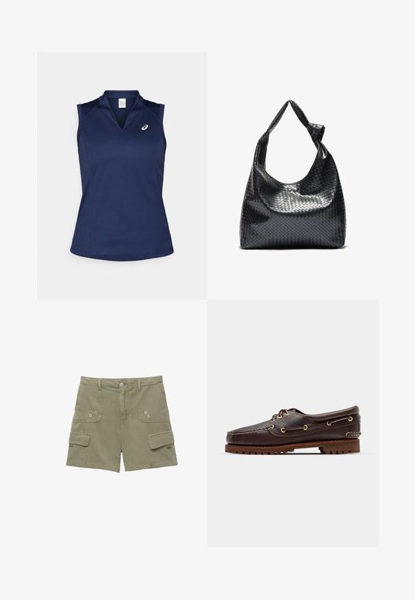 Sötétkék ujjatlan sportpóló V-kivágással, sima, nedvességtaszító anyagból készült; lapos varrásokkal és egy kis logóval a bal mellen.; Olivazöld pamut cargo short, két elülső zsebbel, egy oldalzsebbel és fém gombos záródással. Sima textúra és testre szabott fazon.; Barna bőr csónakcipő arany fémlyukakkal, kerek fűzőkkel és texturált barna gumitalppal. Díszített varrásokkal és kiemelkedő logóval rendelkezik.; Fekete szőtt bőr kézitáska laza dizájnnal, csomózott pánttal és egy kis díszes arany szegeccsel a tetején.