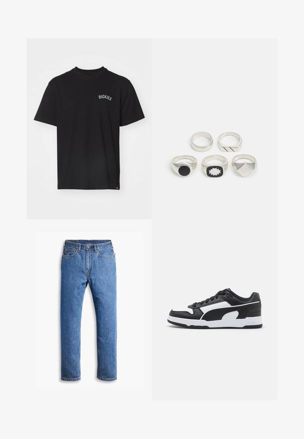 Fekete, rövid ujjú póló pamutból, kis türkiz logóval, amelyen az "DICKIES" felirat áll a mellkasán. Klasszikus környakú dizájn.; Kék farmernadrág egyenes szabással, öt zsebbel, gombos záródással és narancssárga varrási részletekkel, tiszta fehér háttér előtt.; Fekete-fehér sneaker, bőr felsőrész, textúrázott részletekkel, párnázott nyelvvel, fűzős kialakítással és barázdákkal ellátott gumitalppal.; Öt ezüstgyűrű: az egyik fekete kör alakú díszítéssel, a másik fehér és fekete geometriai mintával, a többi pedig különböző formájú és felületű.