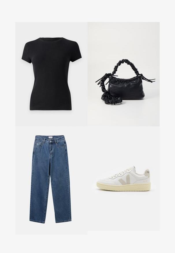 Must t-särk mustast ribikangast, lühikeste varrukatega, ringja kaelusega ja naha lähedase lõikega. Ei ole nähtavaid mustreid ega aktsente.; Klassikalised sinised denimists teksad otsejalaga disainiga, viie taskuga ja nööbisuletusega. Omab keskmist pesu ja tugevat tekstuuri.; Valge nahast tenniseking, millel on beežist siidist aktsent ja aukudega varvas, lame paelad ja tekstureeritud koorevärvi tallad. Omab nüansirikast brändimist kannal.; Must must sünteetilisest nahast käekott, millel on krokodillimuster, kokku tõmmatav ülaosa ja kortsus rihm. Tundub pehme ja kompaktne disain.