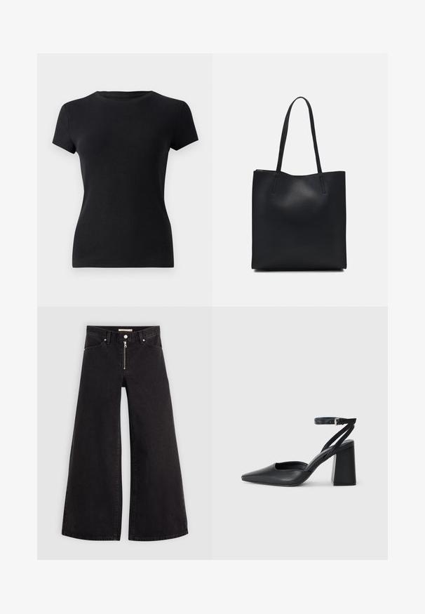 Čierne tričko s krátkym rukávom vyrobené z rebrovanej textílie, s okrúhlym výstrihom a priliehavým strihom. Žiadne viditeľné vzory alebo akcenty.; Dlhé nohavice vo voľnom strihu z čierneho denimu so zipsom vpredu, päť vrecúškovým dizajnom a jemnými stehovými detailmi. Hladká textúra a neformálny štýl.; Čierne kožené lodičky s špicatou špičkou a členkovým remienkom, s masívnym podpätkom. Hladký povrch, elegantný dizajn a minimalistická estetika.; Čierna kožená taška na rameno s hladkým povrchom, obdĺžnikovým tvarom a dvoma dlhými uchami. Bez viditeľného kovania alebo ozdôb.