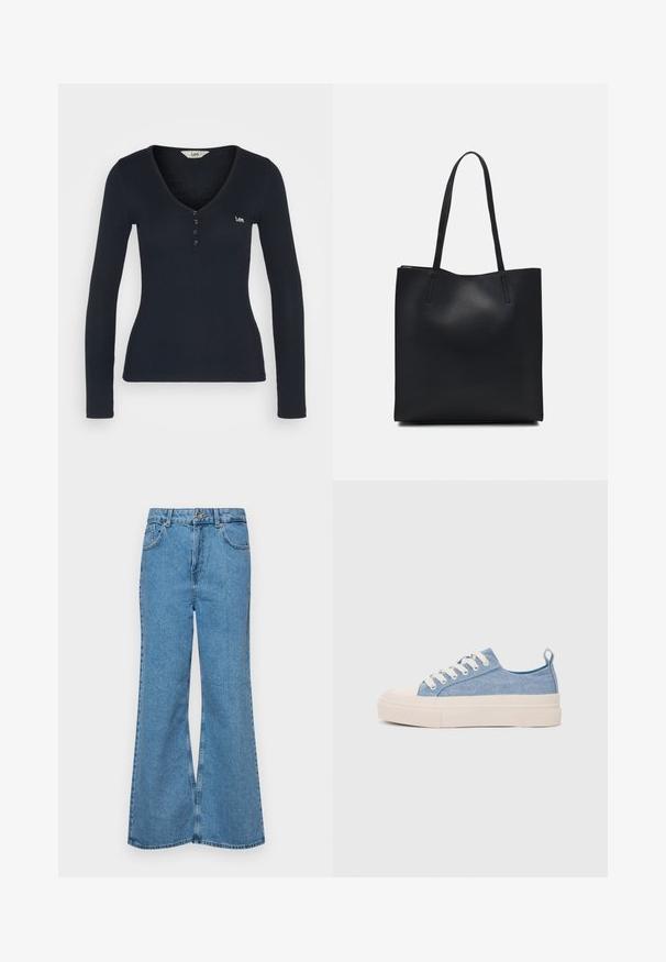 Ilga rankovė, tamsiai mėlyna juostuota apranga su V formos iškirpte, priekiniais mygtukais ir mažu siuvinėtu logotipu kairėje krūtinės pusėje. Minkšta tekstūra.; Šviesiai mėlynos flared džinsai, pagaminti iš džinsinio audinio, su aukštu liemeniu, penkiomis kišenėmis ir vienu mygtuko užsegimu. Minkštas paviršius su išblukusiu efektu.; Šviesiai mėlyni drobės sportbačiai su kreminiu guminiu pirštų apsaugos ir pado elementu, balti raišteliai ir kilpa ant kulno.; Juodas odinis tote krepšys su lygia tekstūra, stačiakampio formos ir dviem ilgais rankenomis. Matomų metalinių detalių ar puošybos nėra.