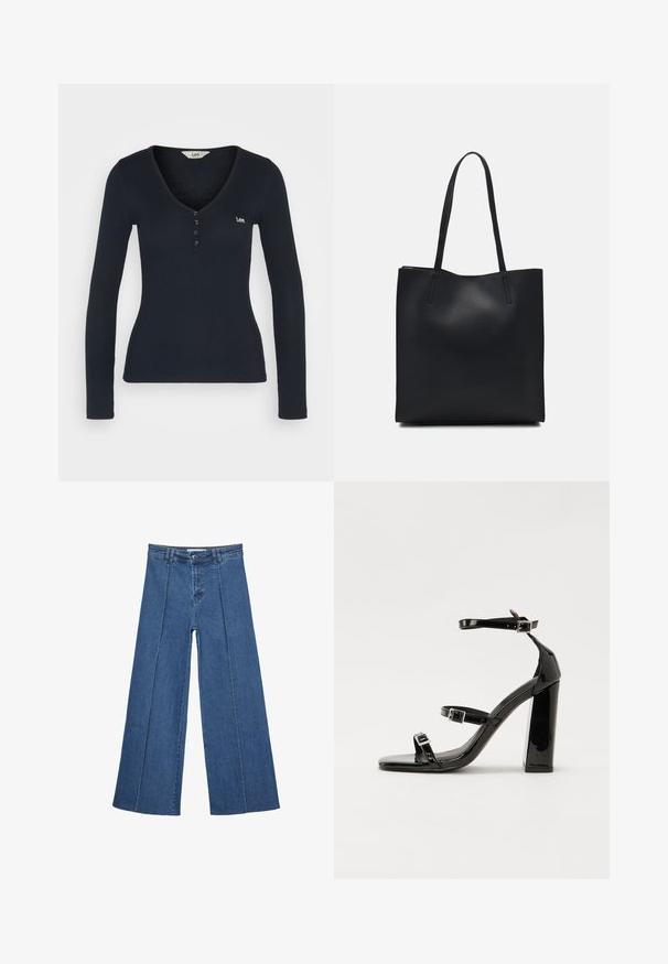 Dugi rukav, tamnoplava rebrasta majica s V-izrezom, prednjim gumbima i malim vezom logotipa na lijevoj strani prsnog koša. Mekana tekstura.; Široke traperice u srednje plavoj boji, s visokim strukom, zatvaranjem na dugme i kontrastnim vertikalnim šavovima duž prednje strane.; Crne lakirane sandale na pete sa kvadratnim nosom, trakama oko gležnja i srebrnim kopčama. Imaju čvrst blok petu za stabilnost.; Crna kožna torba za nošenje s glatkom teksturom, pravokutnim oblikom i dvije duge ručke. Nema vidljivih metalnih dijelova ili ukrasa.