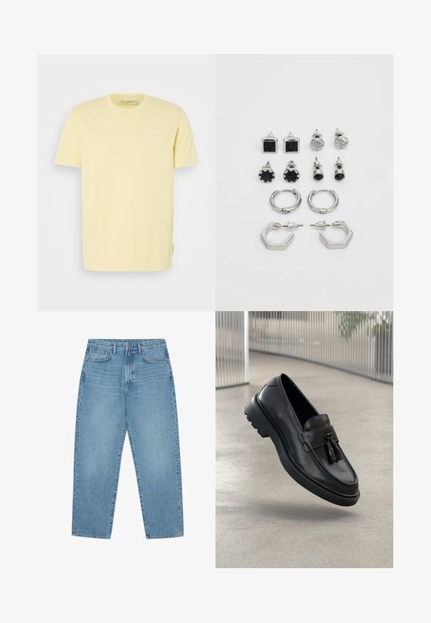 Rumena bombažna majica s kratkimi rokavi, okroglim izrezom in majhnim belim logotipom na levi strani prsnega koša. Gladka tekstura in sproščen kroj.; Svetlo modre kavbojke iz jeansa z ravnim krojem nogavic, obliko s petimi žepi in rahlo zbledelo teksturo. Imajo zapenjanje na gumb in zadrgo.; Črni usnjeni mokasini z gladkim zaključkom, dekorativnimi cofki, debelim gumijastim podplatom in všitimi poudarki. Lahka in elegantna zasnova.; Srebrn ton uho, ki vključuje dva para obročastih uhani in šest parov uhanskih kamenčkov v različnih oblikah in teksturah, vključno s črnimi poudarki.