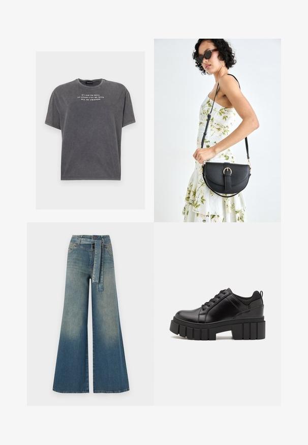 Even&Odd TONIA TEE - Nyomott mintás póló - black; Bőszárú farmernadrág, világos és sötétkék árnyalatokkal, magas derekú, övgyűrűkkel és a nadrággal megegyező anyagú övvel. Textúrált farmer kivitel.; Fekete bőr platform cipők vaskos blokk sarkakkal, kerek orral és hagyományos fűzős kialakítással. Simára csiszolt felület és minimális részletezés jellemzi.; Fekete bőrtáska ívelt formával, levehető pánttal és arany színű fémrészekkel. A táskán egy csattal díszített fedél található.