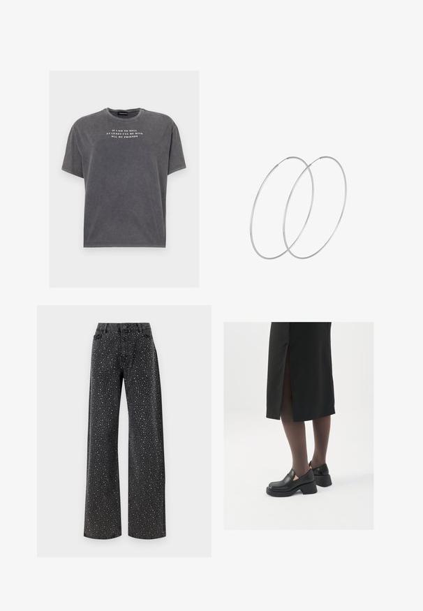 Even&Odd TONIA TEE - T-shirts print - black; Noisy May NMJANNEL LOOSE - Jeans Relaxed Fit - black denim; Sorte lædersko med rund tå, kraftig blokhæl og elastiske sideaccentuer, parret med mørke strømpebukser og en sort nederdel med slids.; Sølvøreringe med et minimalistisk design. Cirkulær form, glat tekstur og tynd profil. Letvægtige med en poleret overflade.