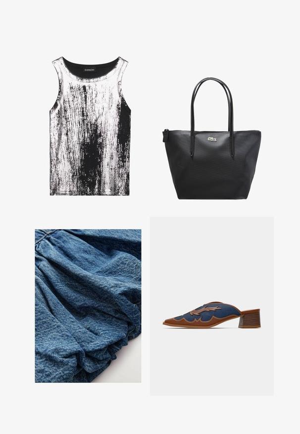 Zwart-wit tanktop van rekbare stof, met een gestreept patroon en glanzende accenten, ronde halslijn en mouwloos ontwerp.; Denim stof in een diepe blauwe tint, met een gekreukte textuur die zachte vouwen creëert. Glad oppervlak met subtiele kleurvariaties.; Denim instappers met een spitse neus, bruine leren accenten en gedetailleerde stiksels in een golfpatroon. Lage, gestapelde houten hak.; Zwarte synthetische tote bag met twee lange handvatten, gestructureerd oppervlak en een klein geborduurd logo accent. Ritssluiting aan de bovenkant.