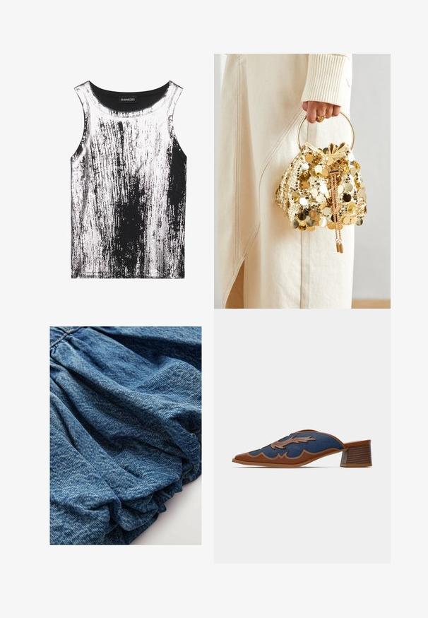Schwarzes und weißes Tanktop aus dehnbarem Material, mit einem gestreiften Muster und glänzenden Akzenten, rundem Ausschnitt und ärmellos.; Denimstoff in einem tiefen Blauton, mit geraffter Textur, die sanfte Falten erzeugt. Glatte Oberfläche mit subtilen Farbvariationen.; Denim-Slipper mit spitzem Zehenbereich, braunen Lederakzenten und detaillierten Wellenmustern in der Naht. Niedriger, gestapelter Holzabsatz.; Goldfarbene Drawstring-Handtasche mit einem runden Griff, verziert mit glänzenden runden Pailletten und einem strukturierten Stoff. Abmessungen sind nicht angegeben.