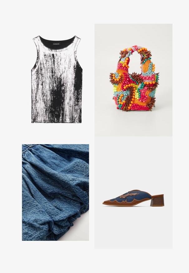 Top senza maniche bianco e nero in tessuto elasticizzato, con motivo a strisce e dettagli lucidi, scollatura rotonda e design senza maniche.; Tessuto denim di un blu intenso, caratterizzato da una texture arricciata che crea morbide pieghe. Superficie liscia con leggere variazioni di colore.; Mule in denim con punta affusolata, dettagli in pelle marrone e cuciture decorative a forma di onda. Tacco basso in legno impilato.; Borsa a perline con colori vivaci: rosa, arancione, blu e marrone. Superficie testurizzata con perline circolari e forme organiche, manici robusti.