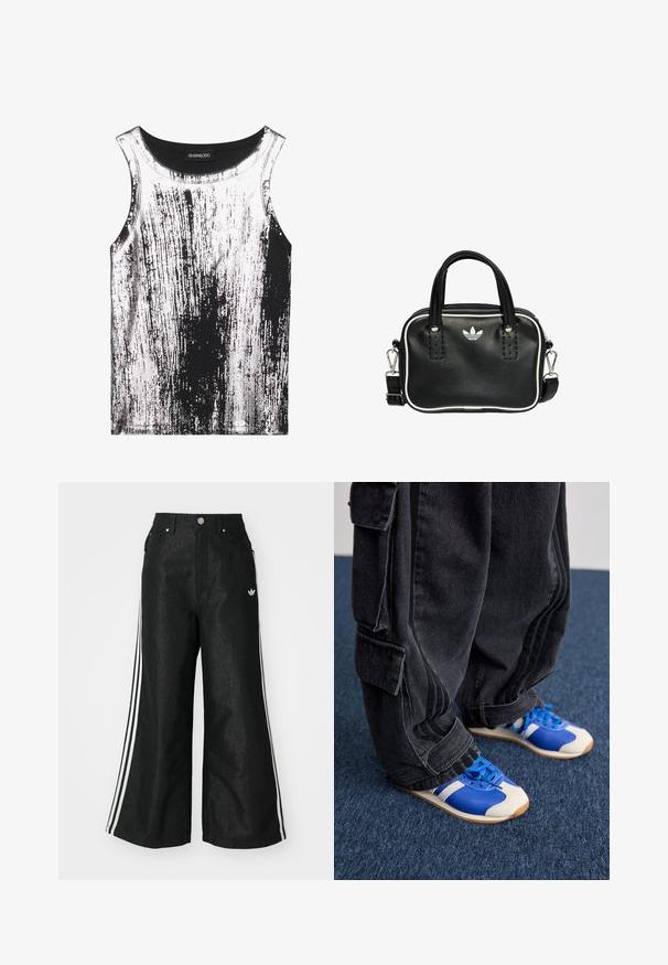 Schwarzes und weißes Tanktop aus dehnbarem Material, mit einem gestreiften Muster und glänzenden Akzenten, rundem Ausschnitt und ärmellos.; Schwarze, weit geschnittene Jeans mit drei weißen Streifen an jeder Seite und einem kleinen weißen Logo. Mit vorderen Taschen und einem Knopfverschluss.; Person mit lockeren schwarzen Cargo-Hosen und blau-weißen Sneakers steht auf einem dunkelblauen Teppich.; Schwarze Lederhandtasche mit zwei kurzen Griffen, silbernem Zubehör, weißen Akzenten und einem weißen Logo. Verfügt über eine strukturierte Oberfläche und ein kompaktes Design.
