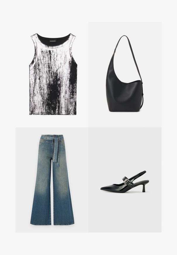 Czarny i biały top na ramiączkach wykonany z elastycznej tkaniny, z paskowanym wzorem z błyszczącymi akcentami, okrągłym dekoltem i bezrękawowym krojem.; Szerokie spodnie dżinsowe z gradientem od jasnoniebieskiego do ciemnoniebieskiego, wysokim stanem, szlufkami na pasek oraz pasującym paskiem z tkaniny. Teksturowany wykończenie dżinsu.; Czarne lakierowane szpilki slingback z wąskim noskiem i małym słupkiem, z ozdobnym srebrnym klamrą na pasku.; Czarna skórzana torba hobo o gładkiej fakturze, zaokrąglonym kształcie i pojedynczym, regulowanym pasku; posiada szerokie otwarcie na górze.