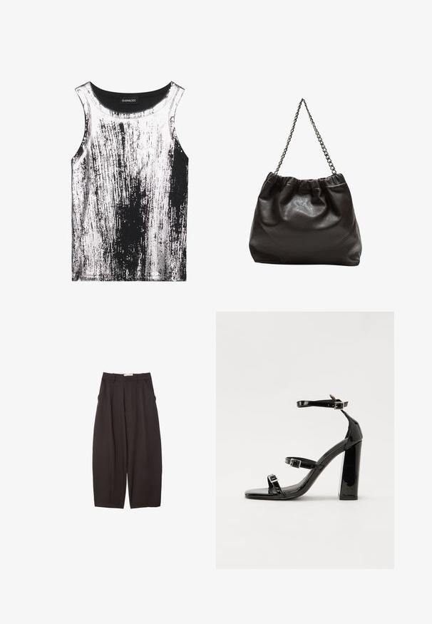 Black and white tank top made of stretch fabric, featuring a streaked pattern with shiny accents, round neckline, and sleeveless design.; Black wide-leg trousers made from a smooth fabric, featuring a high waist, front pleats, and side pockets. Simple design without embellishments.; Black patent heeled sandals with a square toe, ankle straps, and silver buckles. Features a chunky block heel for stability.; Brown leather bag with a gathered top and a chain strap. Smooth texture with a glossy finish and subtle seam detailing on the sides.