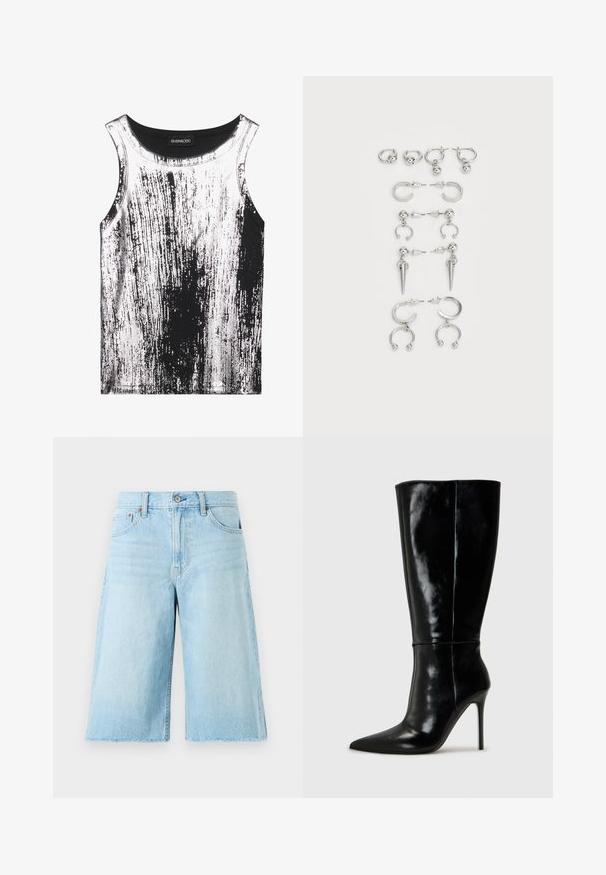 Zwart-wit tanktop van rekbare stof, met een gestreept patroon en glanzende accenten, ronde halslijn en mouwloos ontwerp.; Lichtblauwe denim shorts met een losse pasvorm, een rafelige zoom, vijf zakken en metalen hardware. Klassiek jeansontwerp met subtiele vervaging.; Zwarte leren kniehoge laarzen met een spitse neus en hoge stiletto hak. Soepele textuur en strak ontwerp, met minimale detailing.; Set van zilveren oorbellen met verschillende ontwerpen: hoops, studs en hangende stijlen, met balletjes en puntige elementen.