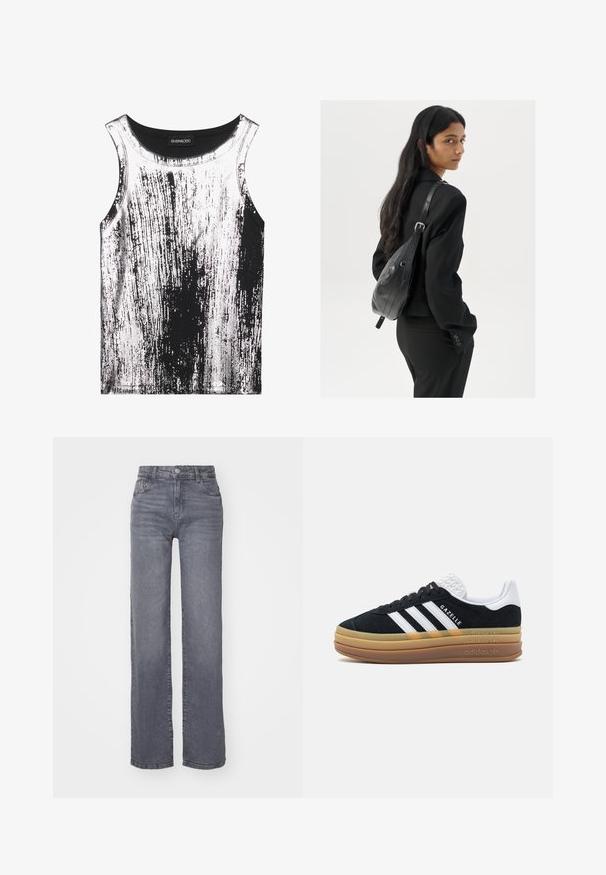 Crni i bijeli top bez rukava od rastezljivog materijala, s prugastim uzorkom i sjajnim akcentima, okruglim izrezom i dizajnom bez rukava.; Sive široke traperice izrađene od denima s glatkom teksturom, s kopčanjem na dugme i zatvaračem, te pet džepova.; Crne nubuk tenisice s bijelim detaljima i tri pruge, koje imaju teksturiranu bijelu petu, gumeni potplat i "Gazelle" oznaku.; Žena s dugom tamnom kosom koja nosi crno odijelo, drži crnu kožnu torbu preko ramena i gleda unazad na bijeloj pozadini.