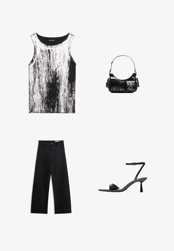 Fekete-fehér, rugalmasságot biztosító anyagból készült ujjatlan trikó, csíkos mintázattal és fényes részletekkel, kerek nyakkivágással.; Fekete, bő szabású farmernadrág magas derékkal, elülső és hátsó zsebekkel, varrott felületekkel és gombos záródással. Sima textúra.; Bershka Magas sarkú szandálok - black; Fekete lakkbőr kézitáska ívelt formával, egy vállpánttal, elülső zsebekkel és ezüstszínű fémrészletekkel.