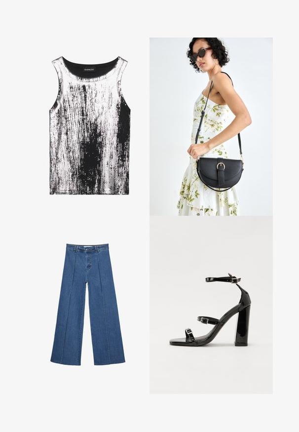 Top senza maniche bianco e nero in tessuto elasticizzato, con motivo a strisce e dettagli lucidi, scollatura rotonda e design senza maniche.; Jeans in denim a gamba larga di blu medio, con vita alta, chiusura con bottone e dettagli delle cuciture verticali a contrasto lungo la parte anteriore.; Sandali con tacco alto in vernice nera con due cinturini con fibbia, punta quadrata e tacco spesso a blocco, caratterizzati da una texture liscia e lucida.; Borsa a tracolla nera in pelle con una forma curva, manico rimovibile e accessori dorati. La borsa presenta una patta con un dettaglio a fibbia.