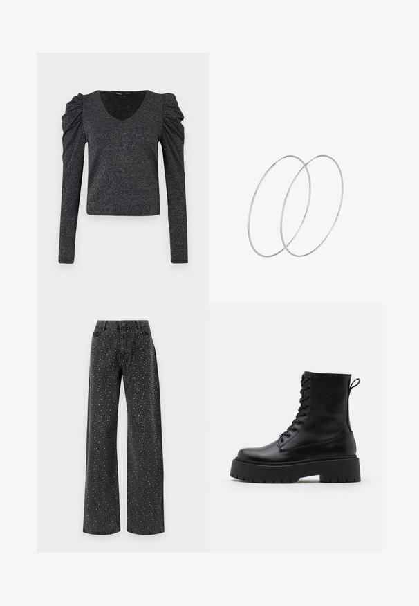 Juoda ilgomis rankovėmis palaidinė su pūstomis pečių dalimis, pagaminta iš blizgaus audinio. Turi gilią V formos iškirptę ir prigludusią siluetą.; Noisy May NMJANNEL LOOSE - Laisvo kirpimo džinsai - black denim; Juodos odinės aulinukės su apvalia nosimi, raišteliais priekyje ir storesniu guminio pado apačioje su tekstūruotu raštu. Priekyje yra kilputė.; Sidabrinės pusmėnulio auskarai minimalistiniu dizainu. Apskritimo forma, lygus paviršius ir plonas profilis. Lengvi su poliruotu apdailu.