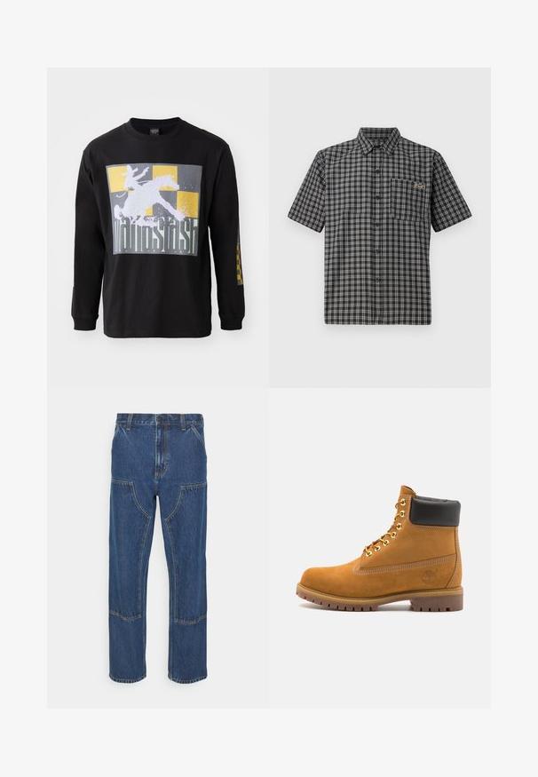 Fekete, hosszú ujjú póló, amelyen egy lovas nagy grafika található egy szürke és arany kockás háttéren. Pamut anyagból készült, szabványos szabású.; Fekete-fehér kockás rövidujjú ing, gombolható gallérral, elülső zsebbe és egy kis címkével a mellkasán.; Kék farmernadrág egyenes szárú, elülső zsebekkel és kontrasztos varrásokkal. Az anyag klasszikus textúrával és felülettel rendelkezik.; Barna velúr bokacipő fekete párnázott gallérral, arany fém fűzőlyukakkal, fehér varrási részletekkel és durva gumitalppal, amelynek kifejezett barázdái vannak.