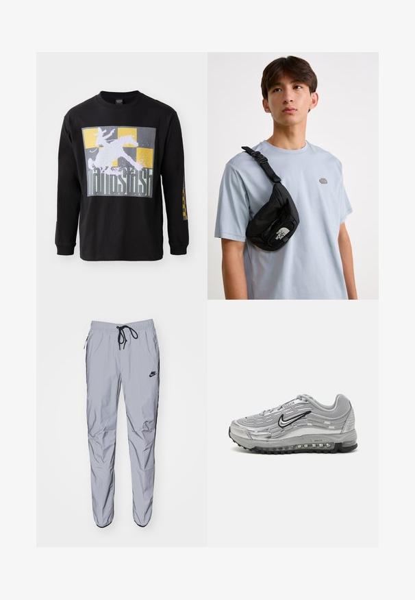 Must kollase T-särgil on suures graafikas ratsaniku kujutis hobusel halli ja kulla ruudulise tausta peal. Puuvillane materjal, tavapärane lõige.; Kerged hallid dressipüksid, mis on valmistatud sujuvast ja kergekaalulisest kangast mustade detailidega. Omab elastset vöökohta koos nööriga ja küljetaskutega.; Hallide Nike Air Max sneaks, milleto, syntetiline ülemine osa, lainekujulise disainiga, mustade aktsentidega ja nähtava õhkpadja süsteemiga.; Must musta rihma kott, millel on reguleeritav rihm ja silmapaistev valge logo. Kandmine helesinise T-särgi peal. Lihtne ja funktsionaalne disain.