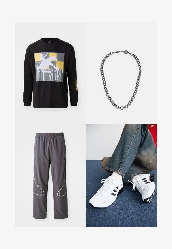 Zwart lang-tee met lange mouwen, voorzien van een grote afbeelding van een ruiter op een paard op een grijs en gouden ruitjesachtergrond. Van katoen, met een standaard pasvorm.; Heren grijze sportbroeken met een elastische tailleband, ritssloten en reflecterende witte accenten aan de zijkanten. Lichtgewicht, zachte textuur.; Witte mesh sport schoenen met zwarte accenten, voorzien van een textuurontwerp en een onderscheidende zool, gecombineerd met blauwe spijkerbroeken.; Metalen ketting met uitgestrekte schakels in een donkere gunmetalkleur. Bevat een geometrische accent en sluiting met merkdetail.