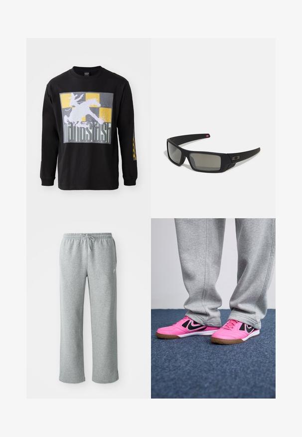 Maglietta nera a maniche lunghe con una grande grafica di un cavaliere su un cavallo su uno sfondo a scacchi grigio e oro. Materiale in cotone, vestibilità standard.; Pantaloni sportivi grigi in cotone con vita elasticizzata, chiusura con cordino e gamba dritta. Presenta un piccolo logo sul lato superiore sinistro.; Scarpe da ginnastica rosa con dettagli neri, design con lacci e suola in gomma. I pantaloni della tuta grigi coprono parzialmente le scarpe, posizionate su un tappeto blu.; Occhiali da sole neri con finitura opaca, lenti rettangolari, leggero curvatura sulle tempie, dettaglio logo discreto e lenti color fumo.