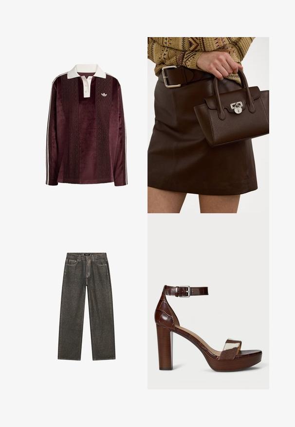 Long-sleeve maroon velour polo shirt with white collar, button placket, textured vertical stripes, Adidas logo, and white side stripes.; Dark gray wide-leg jeans made of denim, featuring a classic five-pocket design, sturdy stitching, and a zip fly with a button closure.; Brown crocodile-embossed leather heeled sandal with fabric strap. Features a wide block heel and ankle strap with silver buckle. Textured platform.; Brown leather handbag with a textured finish and silver hardware, held with a hand beside a brown leather skirt and patterned sweater.